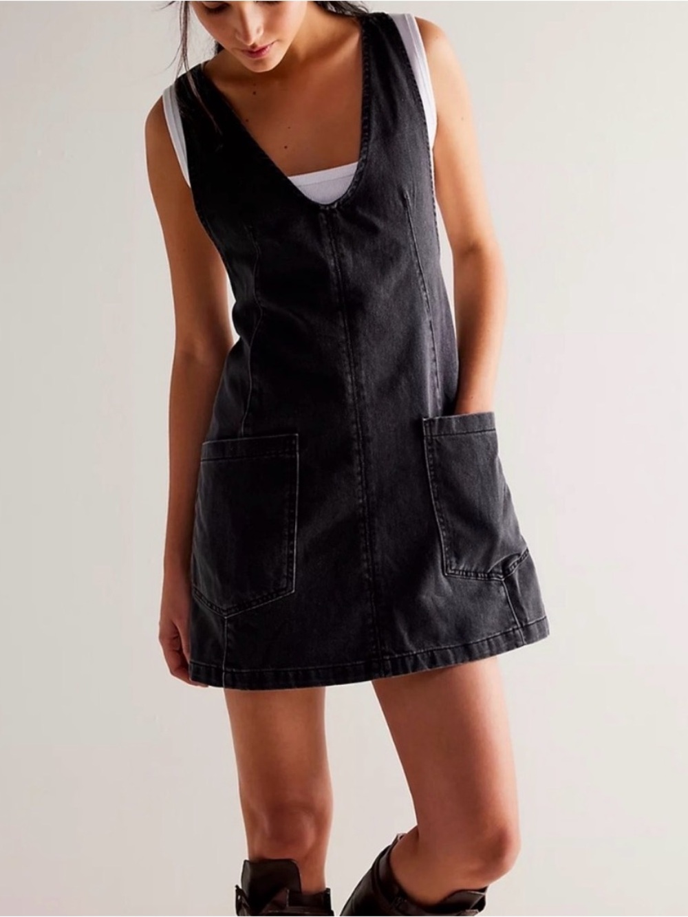 Free People We the Free High Roller Denim Skirtall Mini Dress Black Size S
